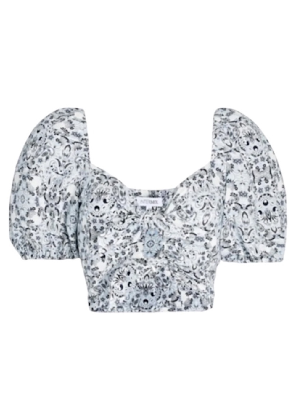 INTERMIX Janella Knotted Linen Blend Crop Top Paisley Blue Gray Size 10 Puff